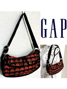 Gap Vintage Y2K Shoulder Bag Handbag Poppy Red Black Zip Pockets Fabric Flowers
